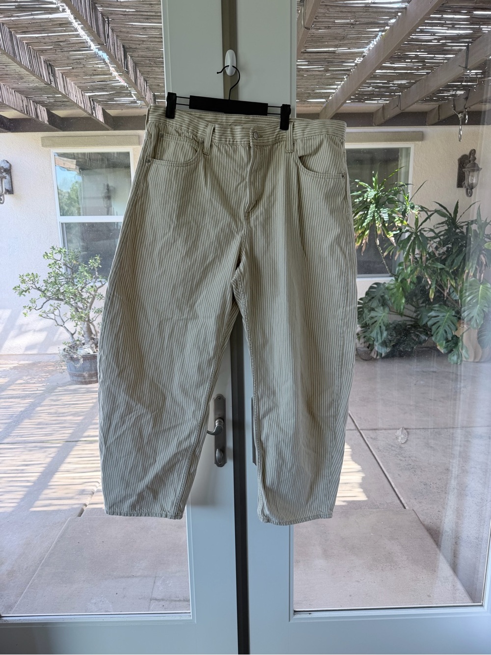 GAP Beige and White Striped High-Rise Barrel Jeans